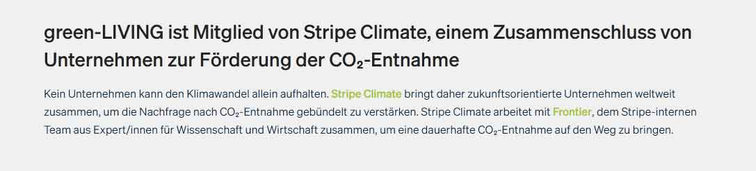 green-LIVING ist Mitglied von Stripe Climate, einem Zusammenschluss von Unternehmen zur Förderung der CO₂-Entnahme